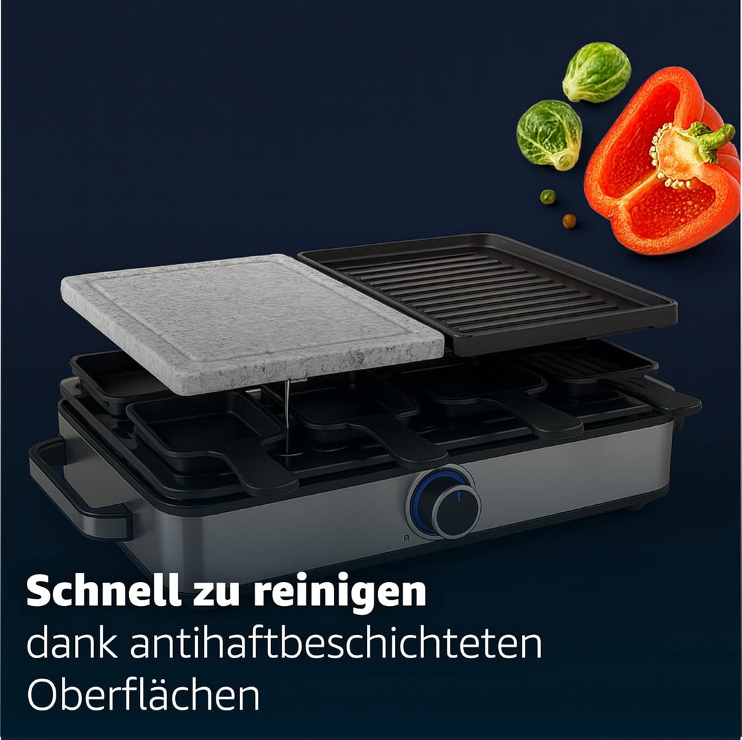 Raclette 8 Personen Set - Mit Tischgrill & Grillplatte & Steinplatte Funktion - inkl. Pfännchen & Sc