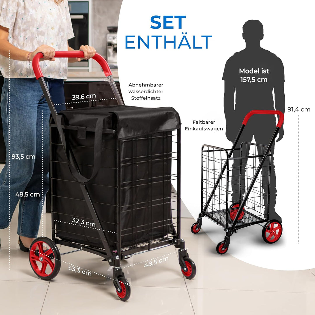 SereneLife Einkaufstrolley, Einkaufswagen, Shopping Trolley Klappbar mit 50L Kapazität, Einkaugstasc