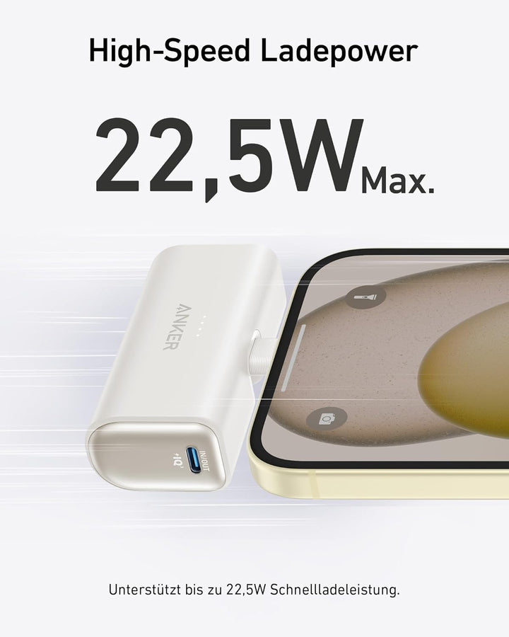 Anker Nano Powerbank, 5000mAh Powerbank 22.5W, Integrierter Faltbarer USB-C Konnektor, Kompatibel mi