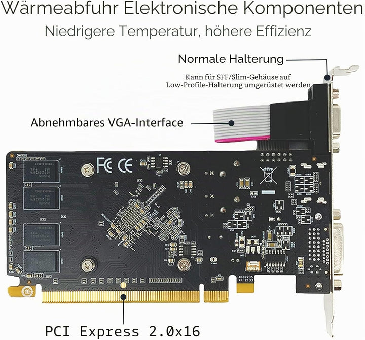 QTHREE Radeon HD 5450 Grafikkarte, 2 GB, GDDR3, 64 Bit, DVI HDMI VGA, Low Profile, PCI Express x16,
