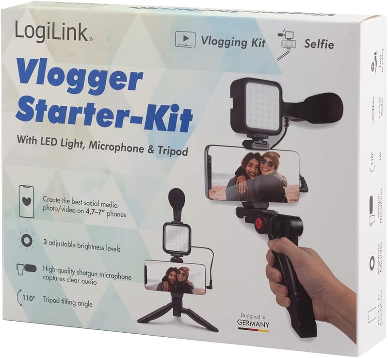 LogiLink Vlogger Kit mit LED-Licht (36 LEDs), Shotgun-Mikrofon + Stativ, für 4,7–7" Smartphones, Sch