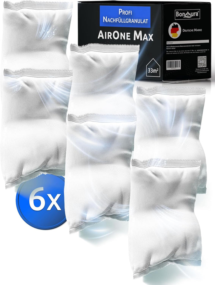 BonAura® AirOne Max Luftentfeuchter Nachfüllpack I 6er Set 980g Luftentfeuchter Granulat I Entfeucht