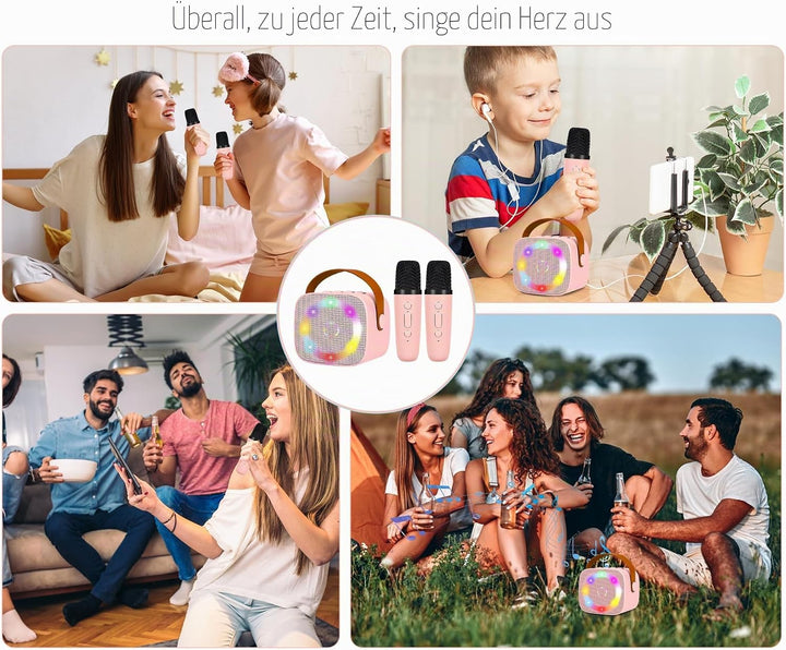 Karaoke Maschine Mini Tragbares Bluetooth Karaokemaschinen mit 2 Kabellosen Mikrofonen für Kinder Er