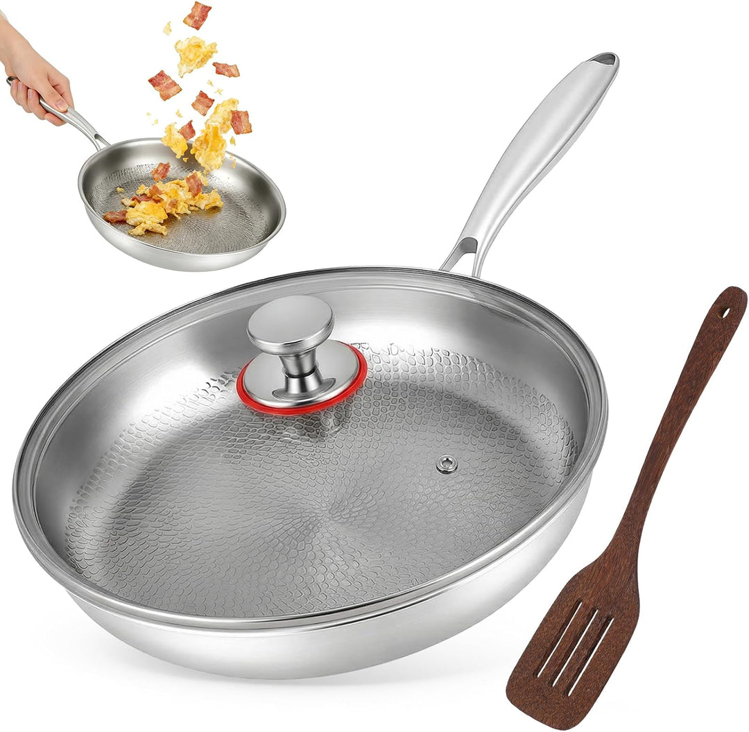 Titan Bratpfanne 30 cm mit Deckel–Unbeschichtete Pfanne aus 99,7% reinem Titan &amp; 316L Edelstahl, ohn