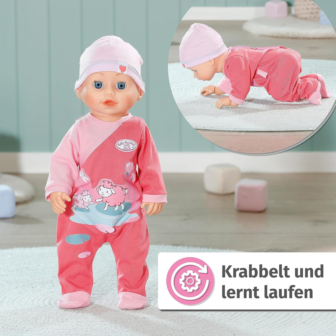Baby Annabell Emily lauf mit Mir 43cm, Krabbel- und Lauflernpuppe mit Soundfunktion, rosa Strampler