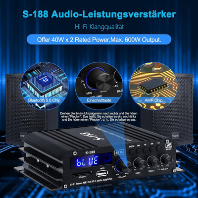 HiFi Verstärker S-188 2.1-Kanal Bluetooth 5.0 Mini Audio Verstärker RMS 40Wx2+50W Max.600W Leistung