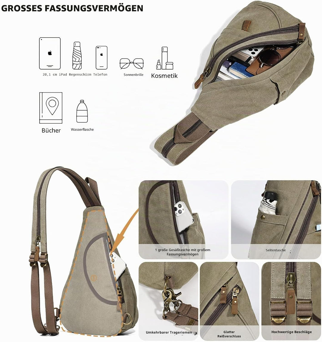 KL928 Canvas Sling Bag Rucksack Damen und Herren – Schulterrucksack Umhängetasche Crossbag Verstellb