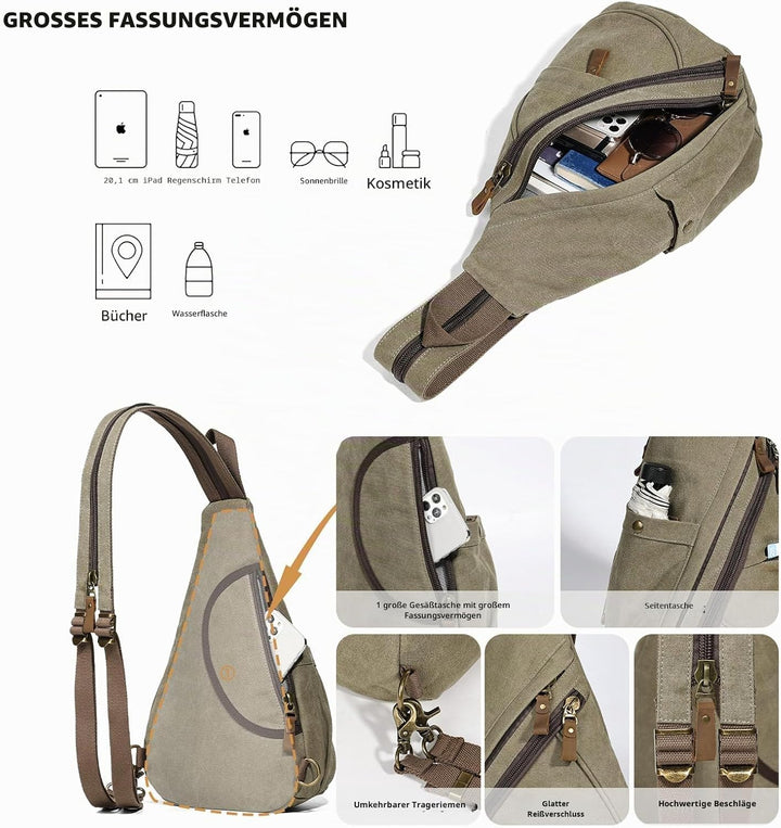 KL928 Canvas Sling Bag Rucksack Damen und Herren – Schulterrucksack Umhängetasche Crossbag Verstellb