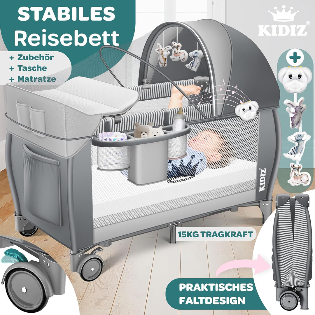 Kidiz® Babybett Reisebett Kinderreisebett klappbar mit Matratze & Räder 120x60, Seiteneingang, Wicke