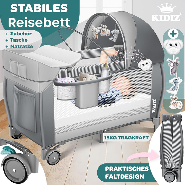 Kidiz® Babybett Reisebett Kinderreisebett klappbar mit Matratze & Räder 120x60, Seiteneingang, Wicke