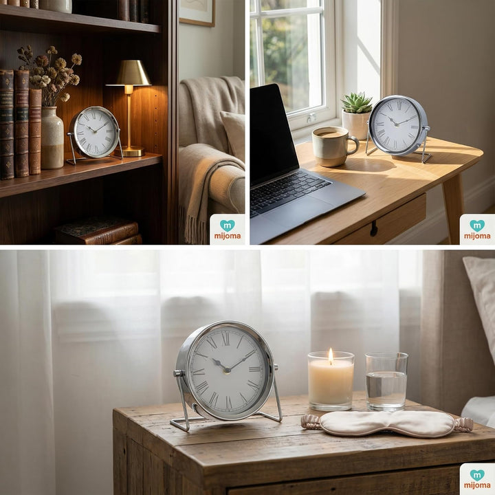 MIJOMA Retro Tischuhr Metall Silber – Vintage Design Uhr mit römischen Ziffern – Batteriebetriebene