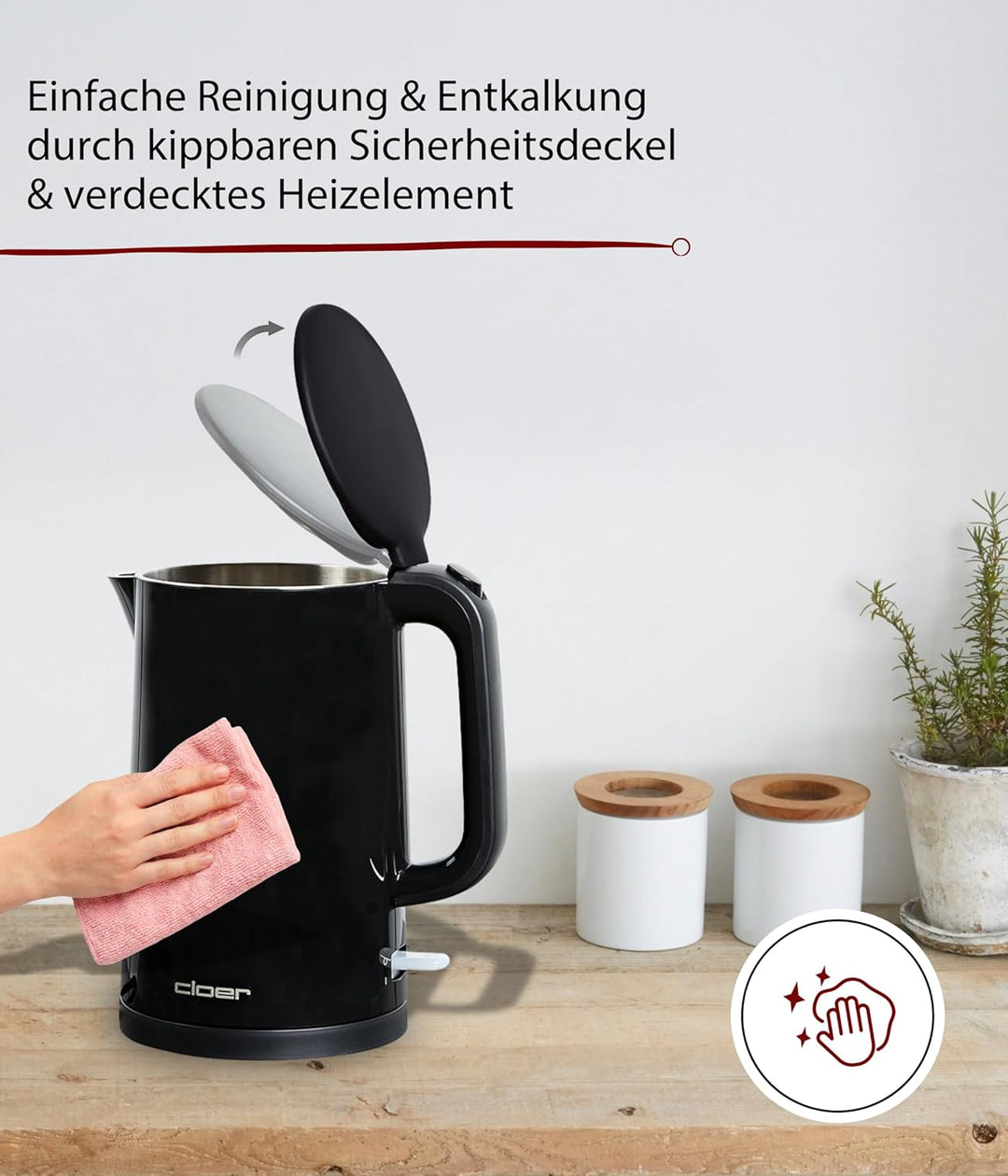 Cloer 4320 Wasserkocher 1,5L,1500W, Edelstahlbehälter & Deckel, automatische Abschaltung, Überhitzun