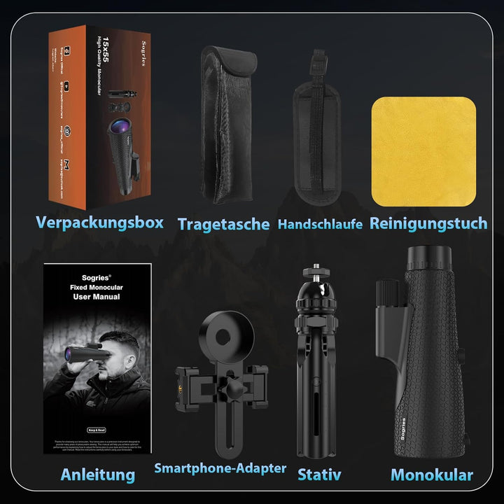Sogries 15x55 Monokular Fernglas HD mit BAK4 Prisma & FMC Linse, Spritzwassergeschütztes Fernrohr in
