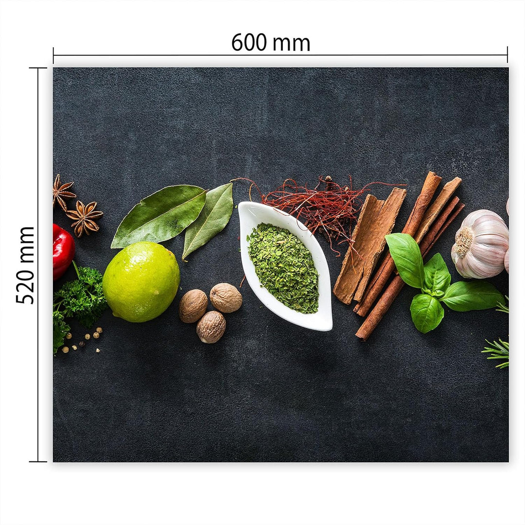 SmartDecoration Herdabdeckplatte Ceranfeldabdeckung aus Glas 60x52 cm Einteilig Motiv "Kräuter" Grau