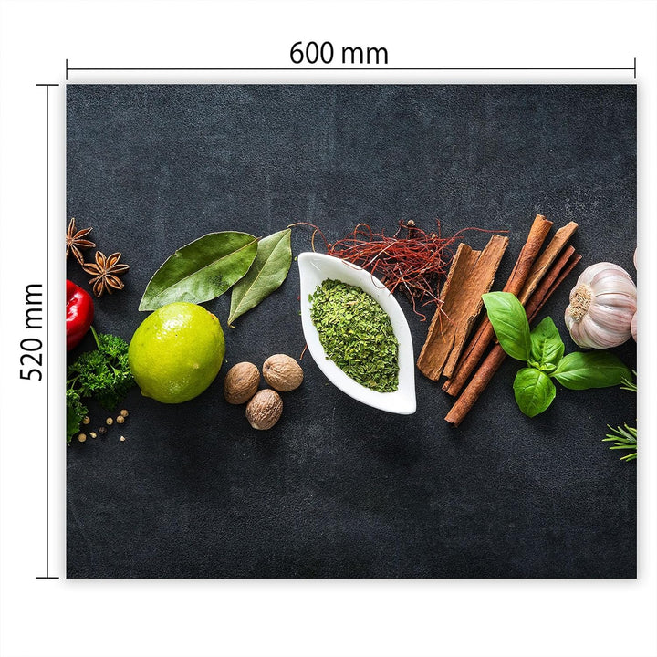 SmartDecoration Herdabdeckplatte Ceranfeldabdeckung aus Glas 60x52 cm Einteilig Motiv "Kräuter" Grau