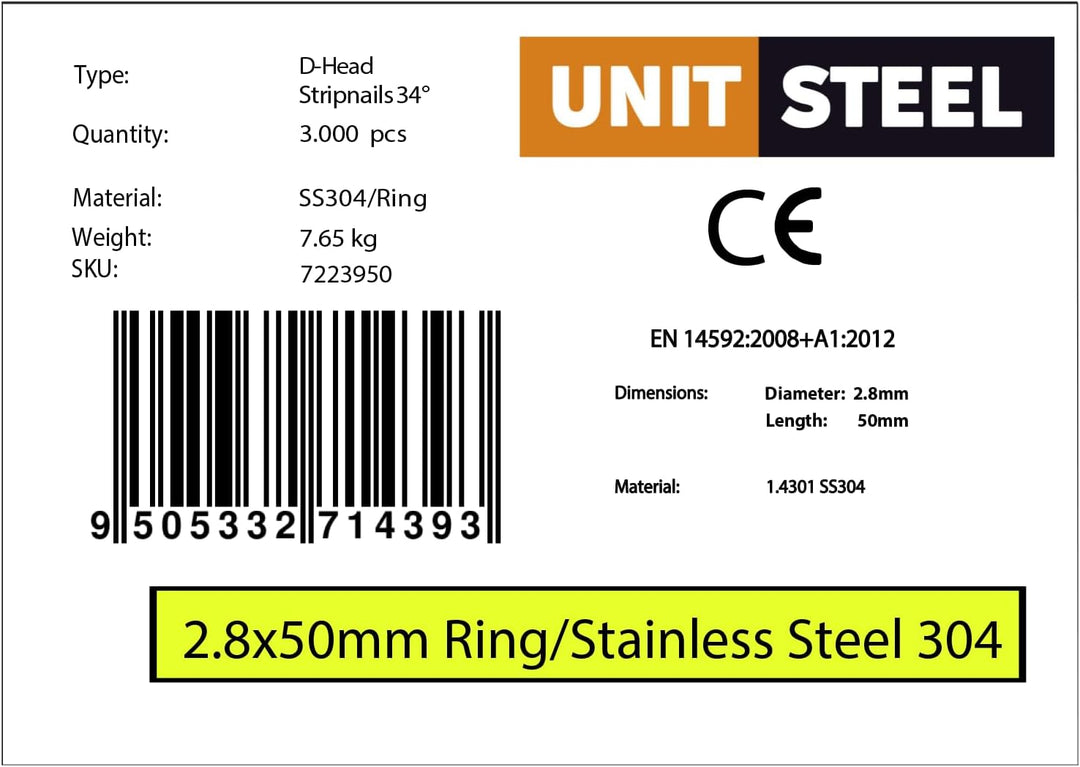 34° Halbkopf-Streifennägel - 2,8X50mm, 3.000 stück, Nägel für Druckluft-Nagler, D-Kopf, Ring/Rostfre