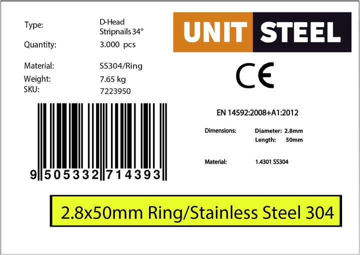 34° Halbkopf-Streifennägel - 2,8X50mm, 3.000 stück, Nägel für Druckluft-Nagler, D-Kopf, Ring/Rostfre