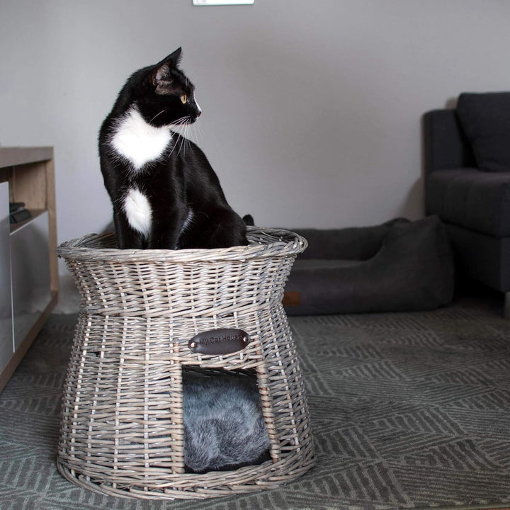 UNUS Katzenkörbchen, Katzenkorb, Katzenturm aus Rattan in Grau