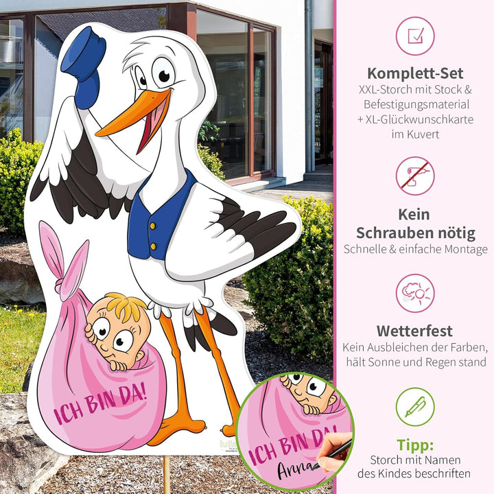 XL Storch zur Geburt Willkommen Baby I rosa Geschenk Mädchen I SET: Geburtsstorch + Stab aus Holz +