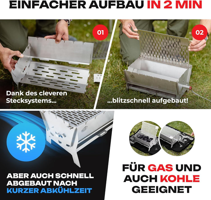 Little Bro Mobiler Steckgrill 2-in-1 Edelstahl Grill für Gas & Kohle - Inkl. Tasche (Grillmatte) & S