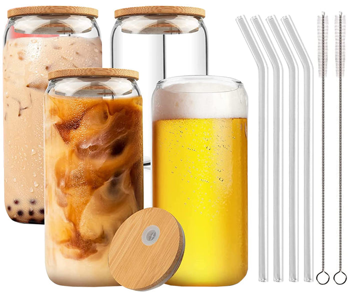 Panngu Bubble Tea Becher mit Deckel und Strohhalm 4er Set, Aesthetic Trinkgläser mit Bambusdeckel un