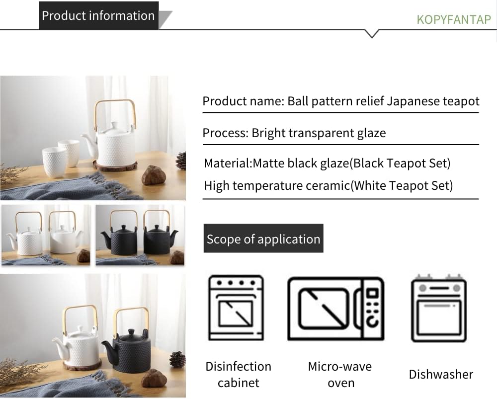 Teekanne Keramik Weiss, Japanisches Tee Set Vintage, Porzellan Teeservice mit Sieb 900ml mit 4 Teeta