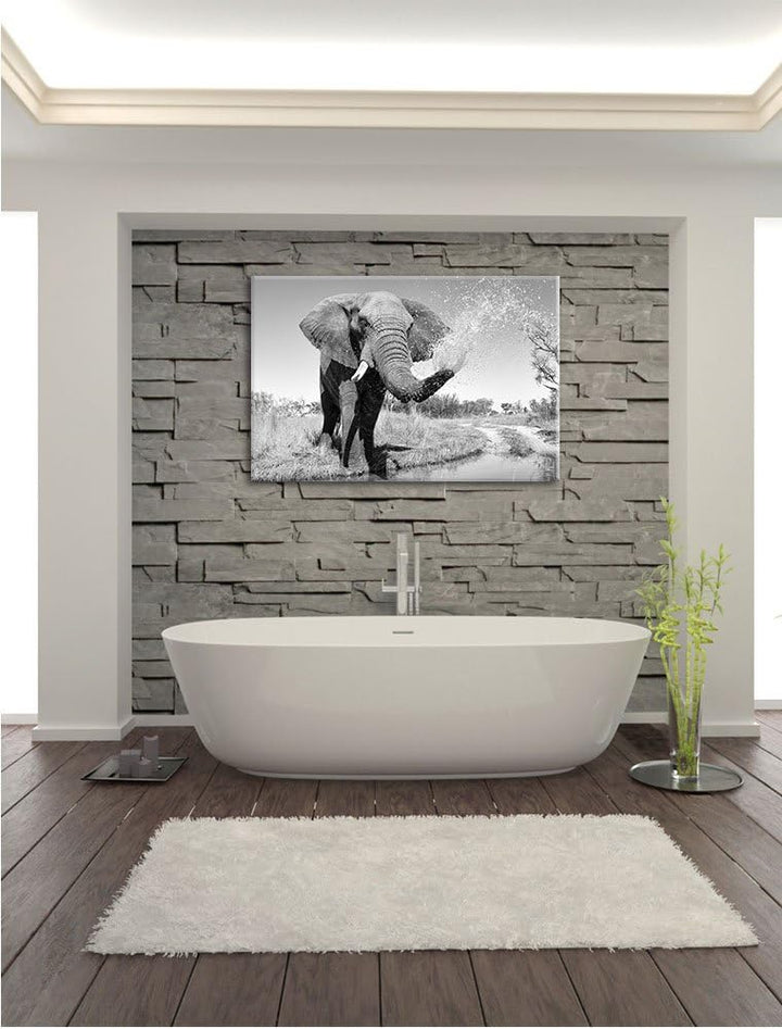 Pixxprint schöner Elefant spritzt mit Wasser Kunst B&W, Format: 100x70 auf Leinwand, XXL riesige Bil