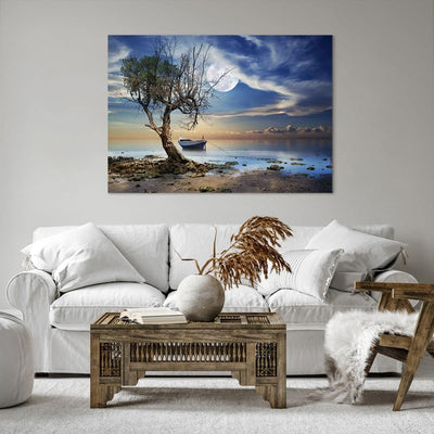 Bilder auf Leinwand 100x70cm Leinwandbild mit Rahmen Nacht Mond Boot Gross Wanddeko Bild Schlafzimme