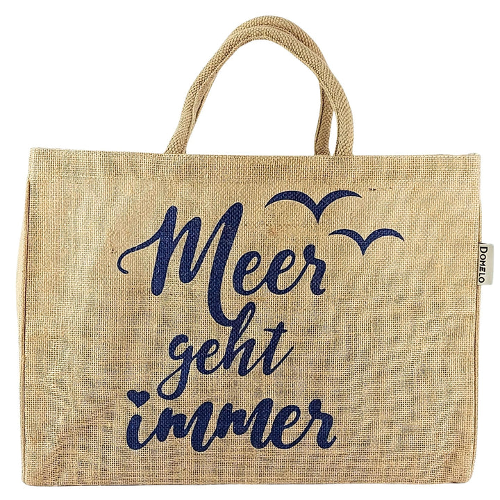 Domelo Jutetasche vegane Einkaufstasche gross Einkaufskörbe bedruckt beige | Leichte Tragetasche 24L