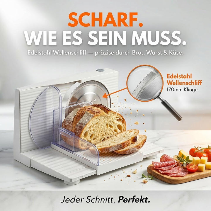 Sommertal Allesschneider AS170 150W Edelstahlmesser mit Wellenschliff, Klappbar platzsparend, elektr