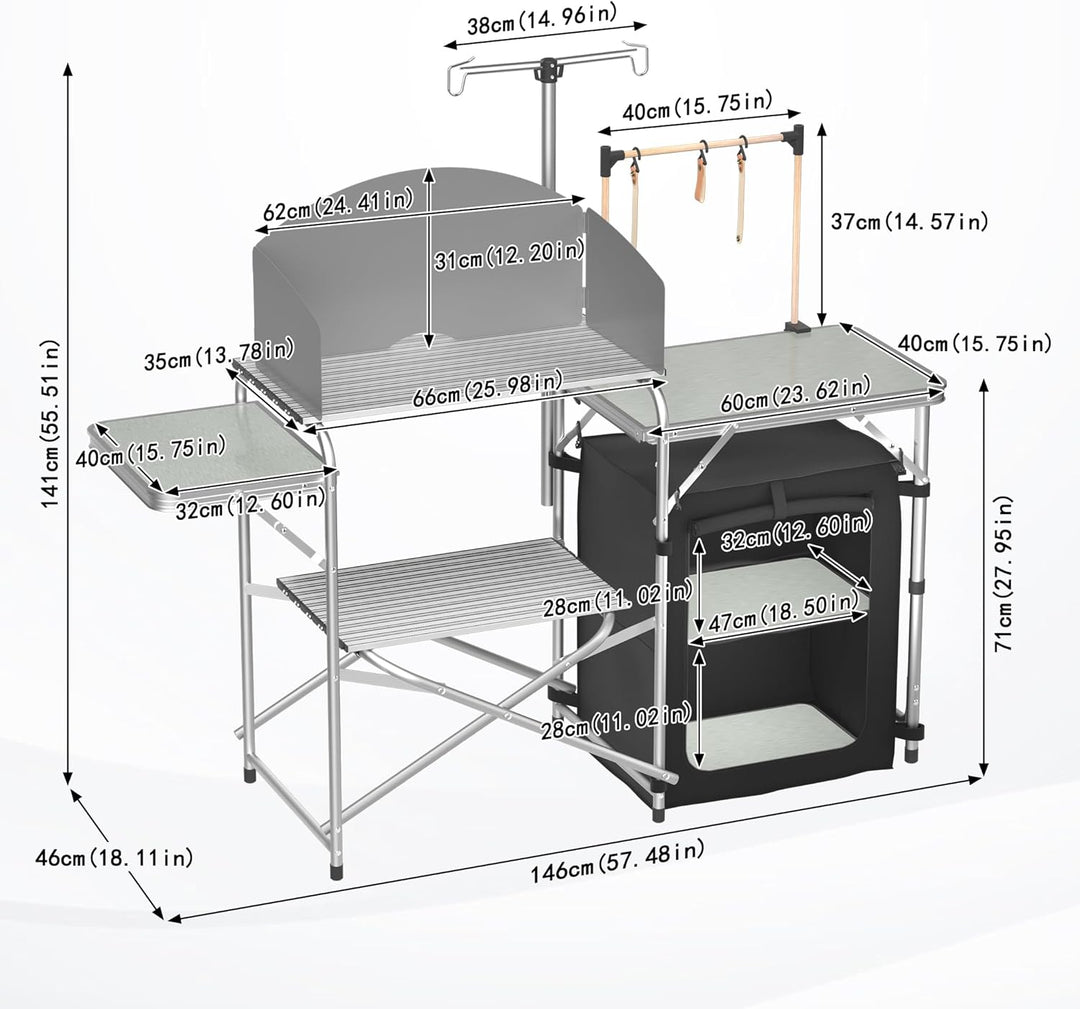 FIVMEN Campingküche Faltbar Camping Küche Campingschrank Aluminium mit 3 Arbeitsplatten, Schränkfach