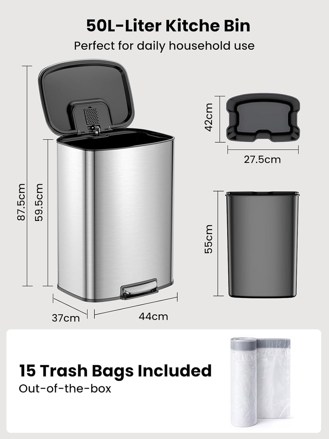 YEAUPE PRO Mülleimer Küche 50L Edelstahl, Treteimer mit Deckel Soft Close, Abfalleimer mit Herausneh