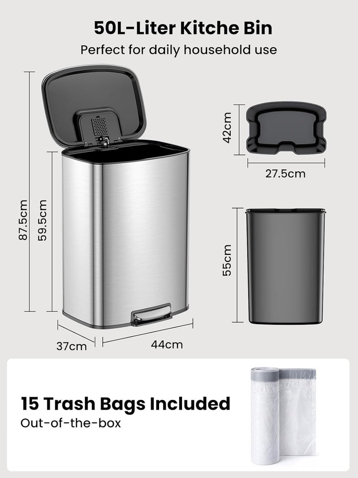 YEAUPE PRO Mülleimer Küche 50L Edelstahl, Treteimer mit Deckel Soft Close, Abfalleimer mit Herausneh