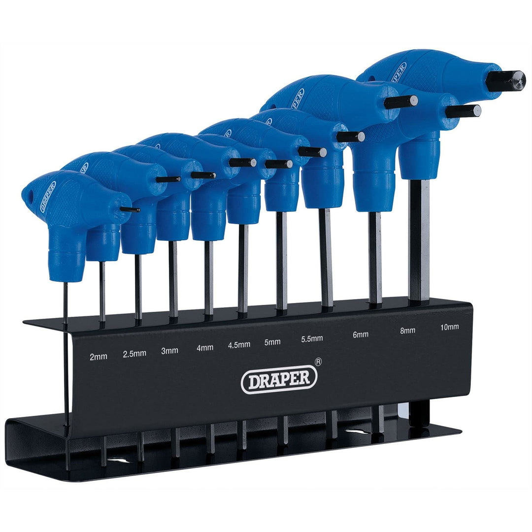 Draper 33869 Metrischer T-Griff Sechskant-Inbusschlüssel-Werkzeugsatz mit Gestell, 10 Stück 1 Blau,