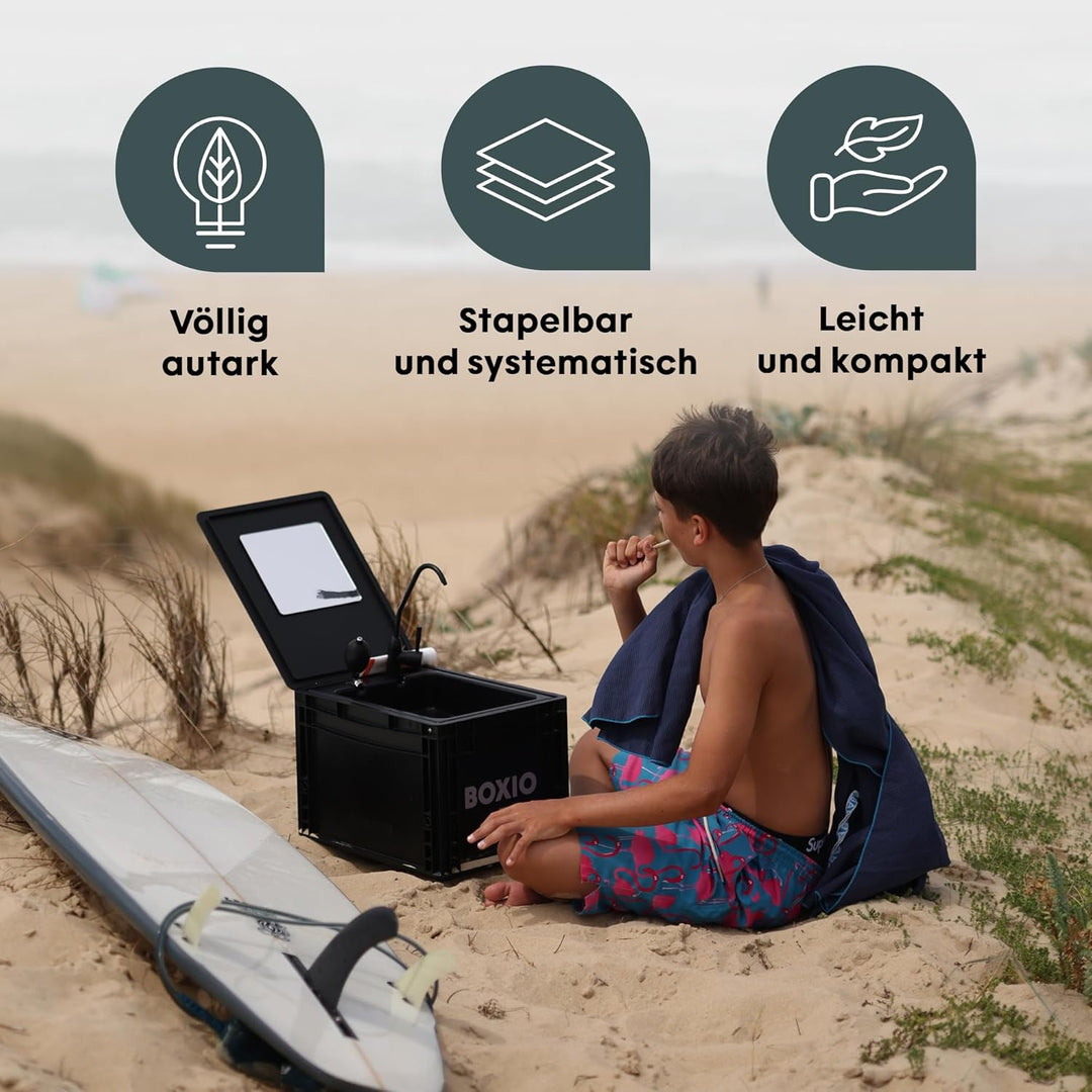BOXIO - WASH Plus: Mobiles 40x30 Spülbecken Komplettset: Campingdusche + Reinigungsperlen + Spiegel,