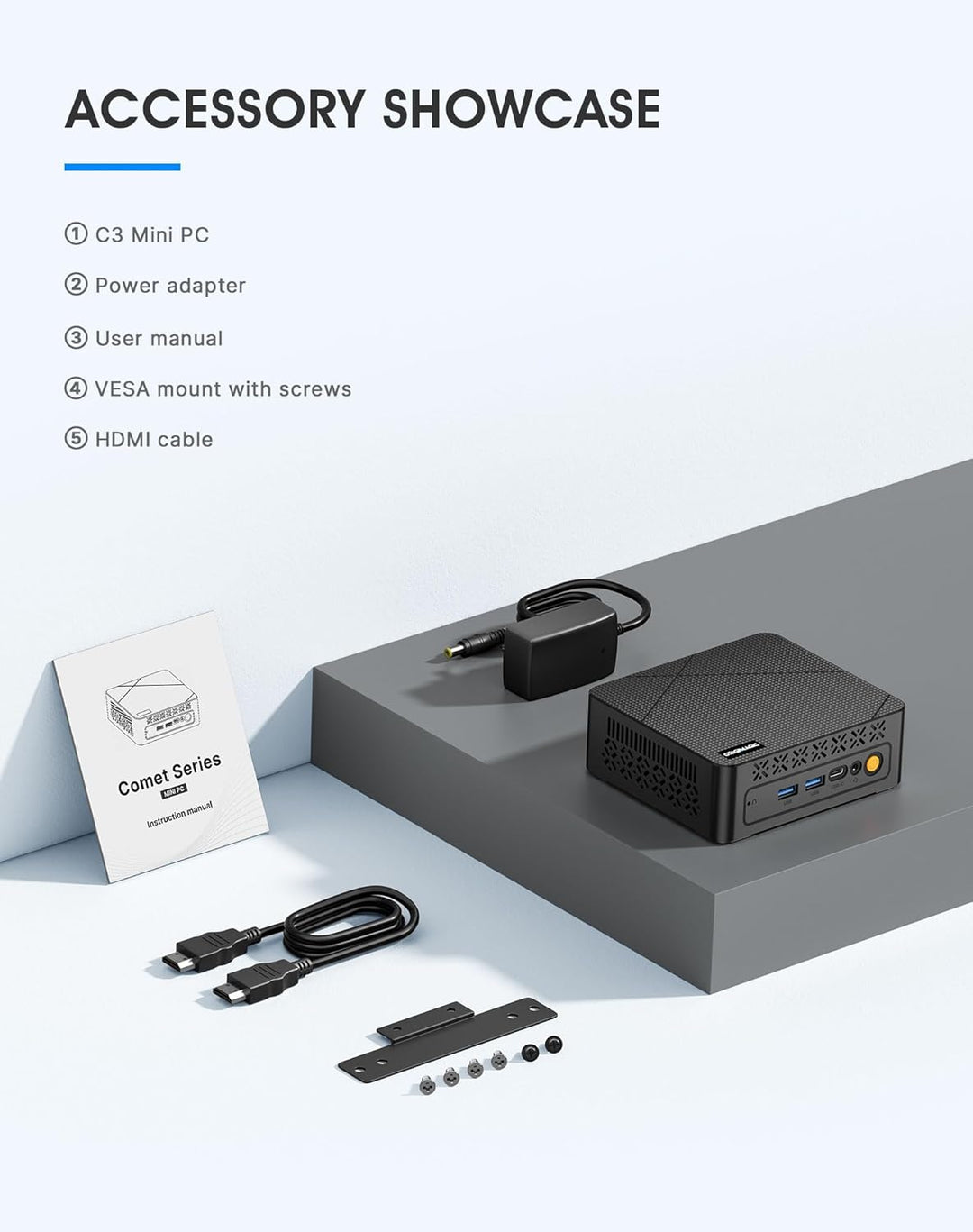 C3 Mini PC Core i3 5005U (bis zu 2,0 GHz, 2C/4T), 8 GB DDR3 RAM 512 GB SSD, Dual Display/W10 Pro/WiF