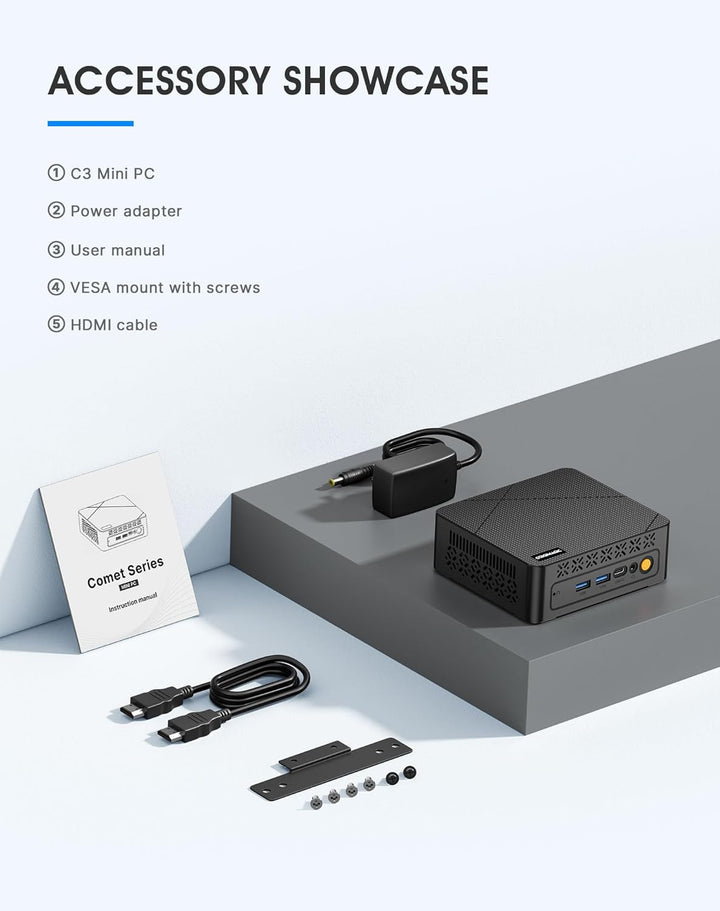 C3 Mini PC Core i3 5005U (bis zu 2,0 GHz, 2C/4T), 8 GB DDR3 RAM 512 GB SSD, Dual Display/W10 Pro/WiF