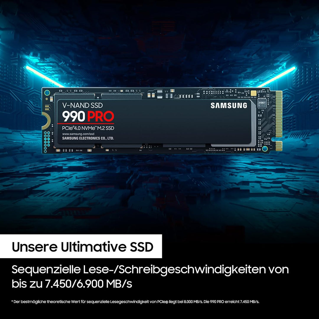 Samsung 990 PRO NVMe M.2 SSD, 4 TB, PCIe 4.0, 7.450 MB/s Lesen, 6.900 MB/s Schreiben, Interne SSD, F