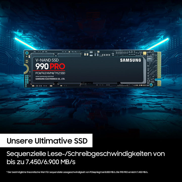 Samsung 990 PRO NVMe M.2 SSD, 4 TB, PCIe 4.0, 7.450 MB/s Lesen, 6.900 MB/s Schreiben, Interne SSD, F