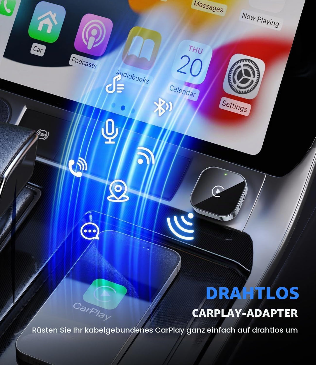 MZU CarPlay Wireless Adapter für iPhone – Upgrade auf kabelloses CarPlay, Plug &amp; Play, USB/Type-C, M