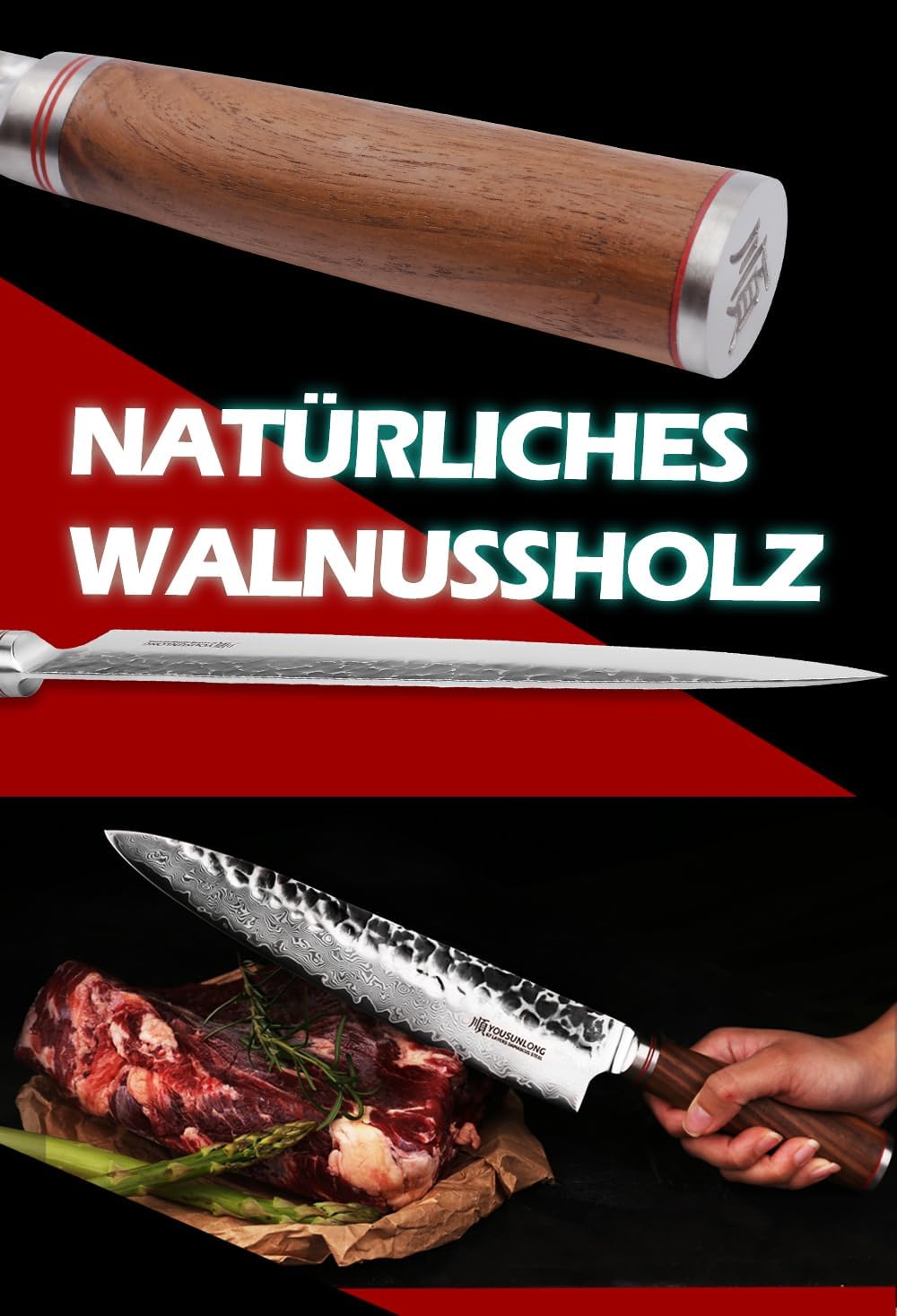 YOUSUNLONG Kochmesser 10 Zoll Pro Gyuto Japanischer Griff aus gehämmertem Damaststahl aus natürliche