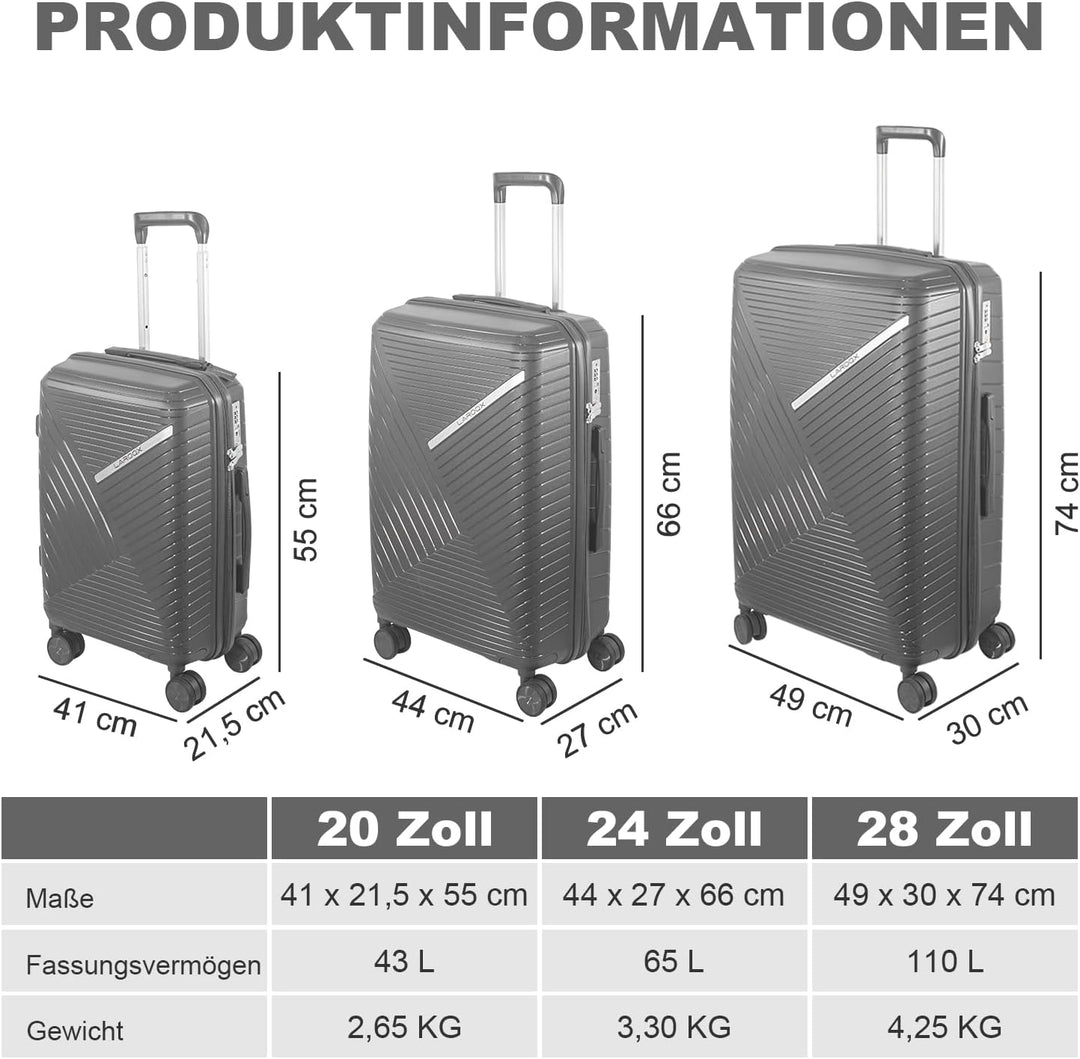 Hartschalen Kofferset 3-teilig aus Polypropylen, 55 cm 66 cm 74 cm (43L 65L 110L), mit TSA Zahlensch