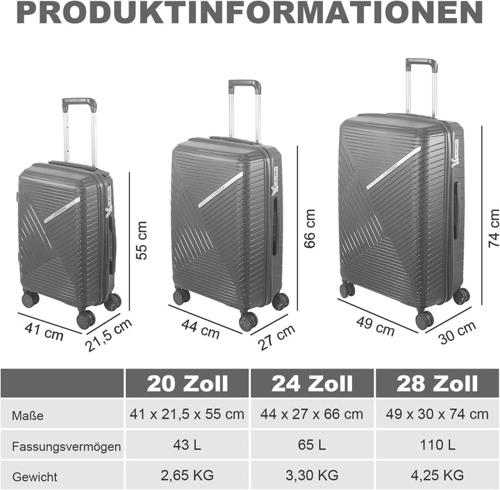 Hartschalen Kofferset 3-teilig aus Polypropylen, 55 cm 66 cm 74 cm (43L 65L 110L), mit TSA Zahlensch