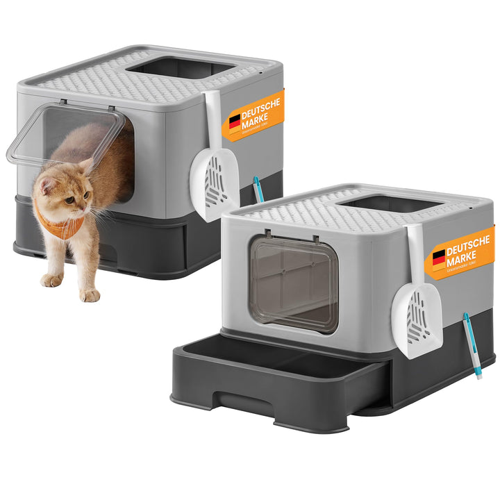 Feandrea Katzenklo 2er Set, Katzentoilette, mit Deckel, ausziehbares Tablett, Schaufel, Bürste, für
