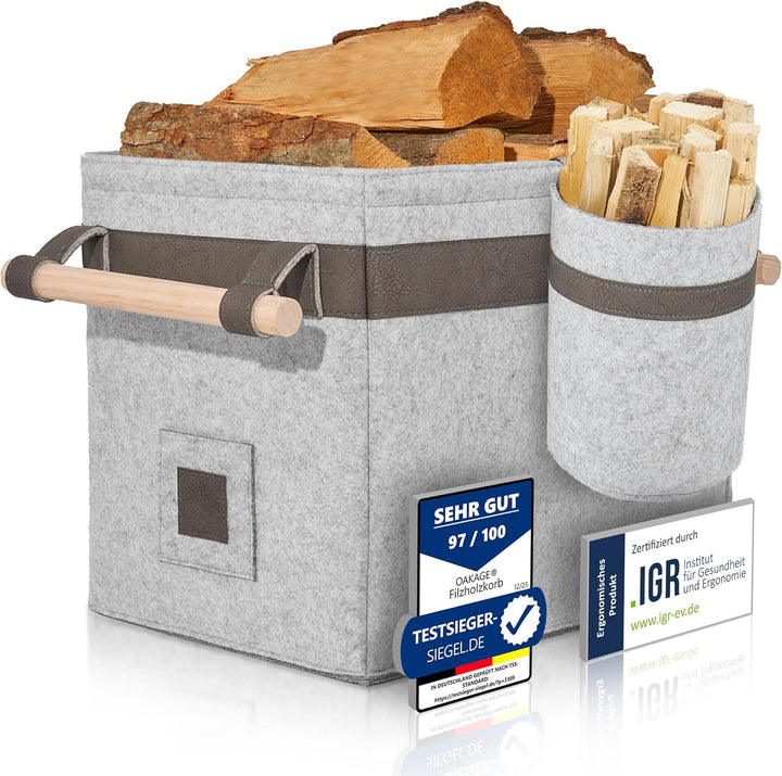OAKAGE® Holzkorb für Kaminholz Gross mit Zündholzkorb [Integrierter Metallrahmen für Zusatzstabilitä
