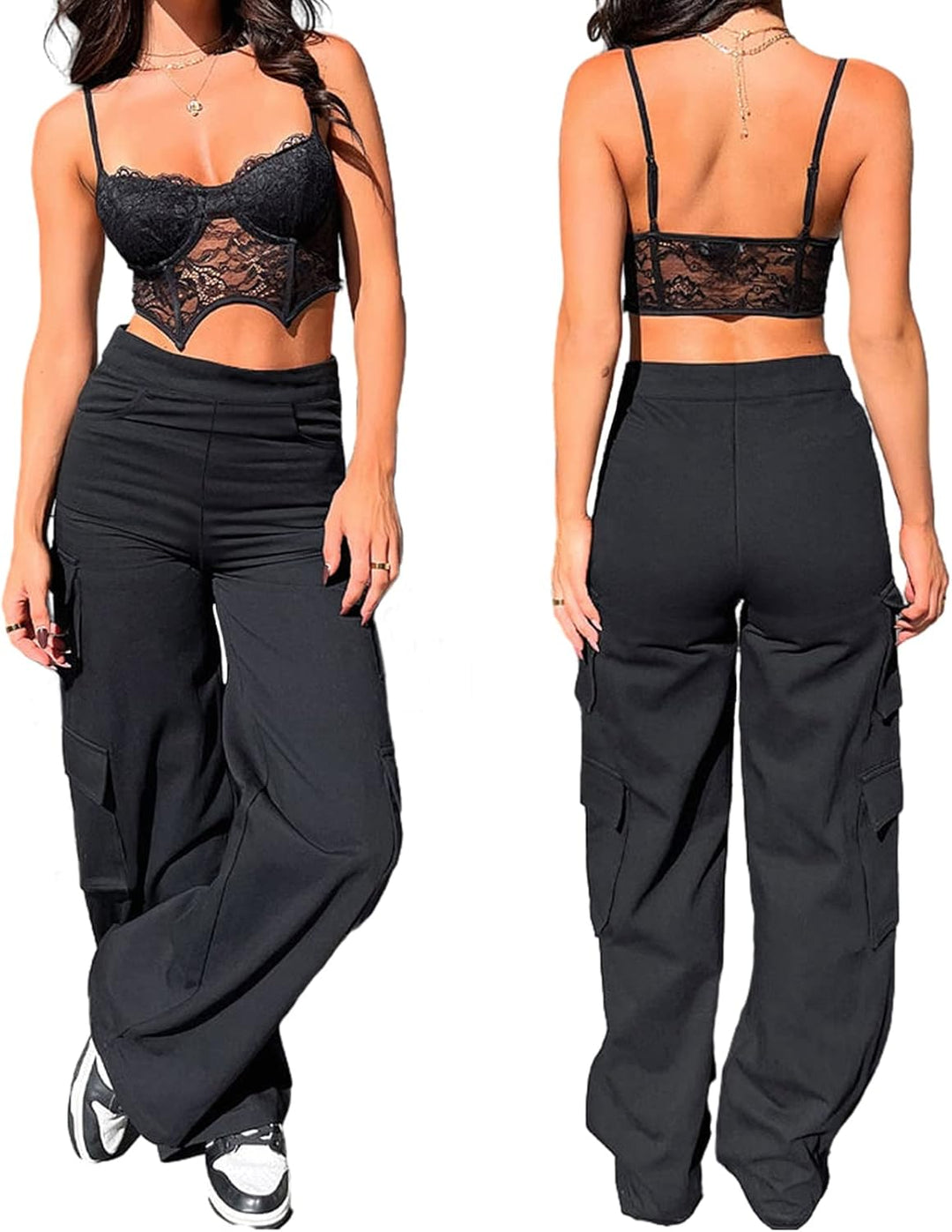 Nuofengkudu Cargohose Damen Weite Hosen Stretch High Waist Cargo Taschen Bootcut Schlaghose Damenhos