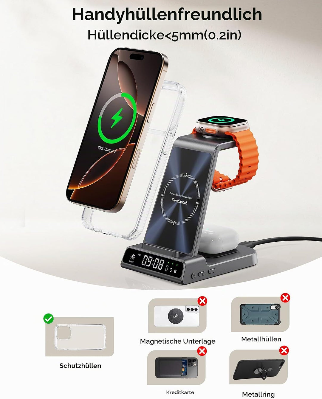 Induktive Ladestation für iPhone Air/17/16/15/14/13/12, 3 in 1 Wireless Charger für Apple Watch Ultr