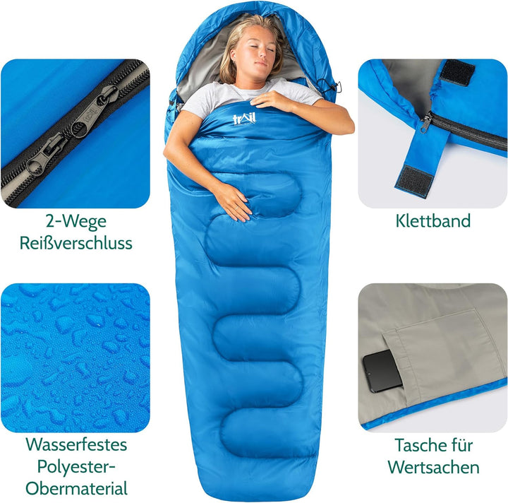 Trail 1-Personen Schlafsack für Erwachsene – Schlafsack 3 Jahreszeiten, Outdoor Frühling Herbst Wint