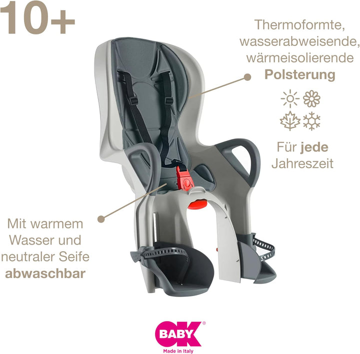OKBABY 10+ - Fahrradsitz hinten für Kinder bis 22 kg mit Liegefunktion - Schwarz und Grau, Grau