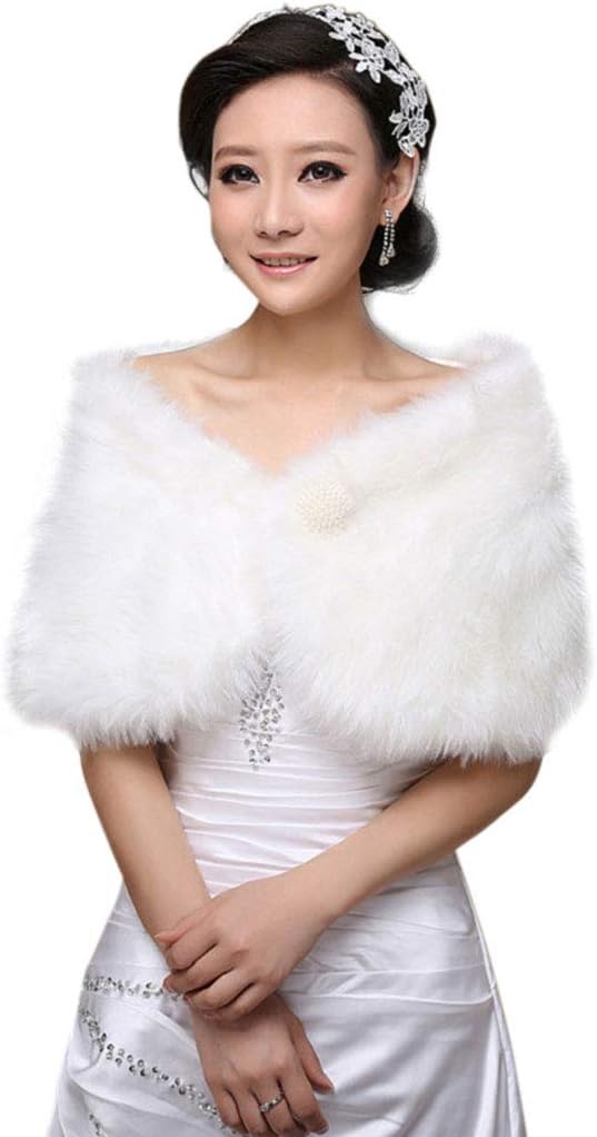 Womens White Kunstpelz Braut Wrap Stola Schal Cape Hochzeit Künstliche Perle Ball Verschönerung Wint
